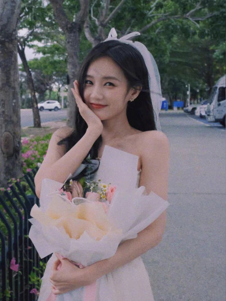 LA003 Bridal Veil Two-Layer Plain Tulle Satin Bow Handmade White Short Headdress Veil for Wedding Dress