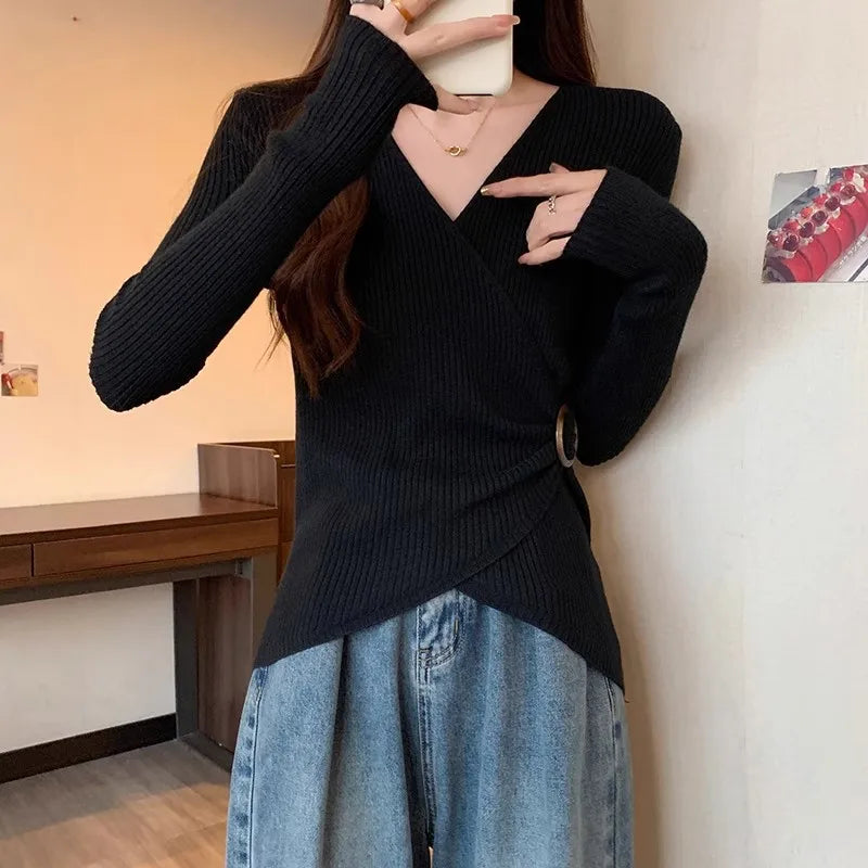 Women Wrap V Neck Ribbed Knit Top Metal Ring Buckle Flare Long Sleeve Slim Sweater