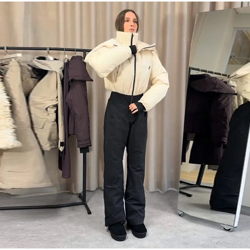 Detachable Hooded Ski Suit Jumpsuit Woman Zipper Color Blocked Long Sleeve Slim Warm Jumpsuits Sports Casual Women's Ski Suits