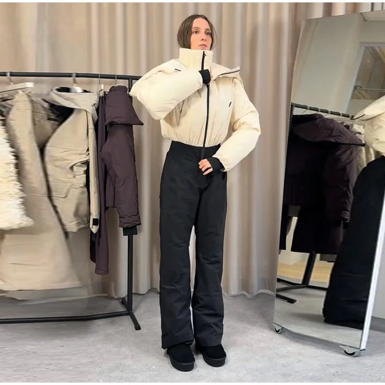 Detachable Hooded Ski Suit Jumpsuit Woman Zipper Color Blocked Long Sleeve Slim Warm Jumpsuits Sports Casual Women's Ski Suits