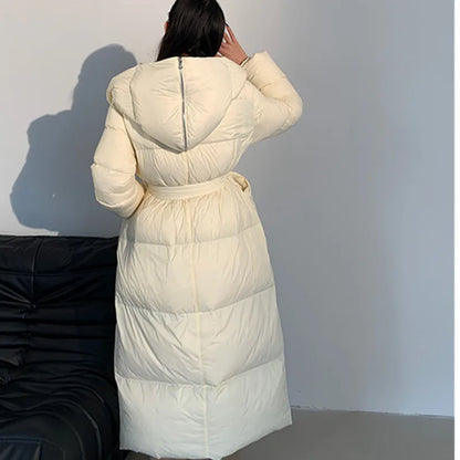 High end Ultra long White goose down Jacket For women Winter 2025 New Fashion Down Coat Female Thicken Parka Overcoat with belt
