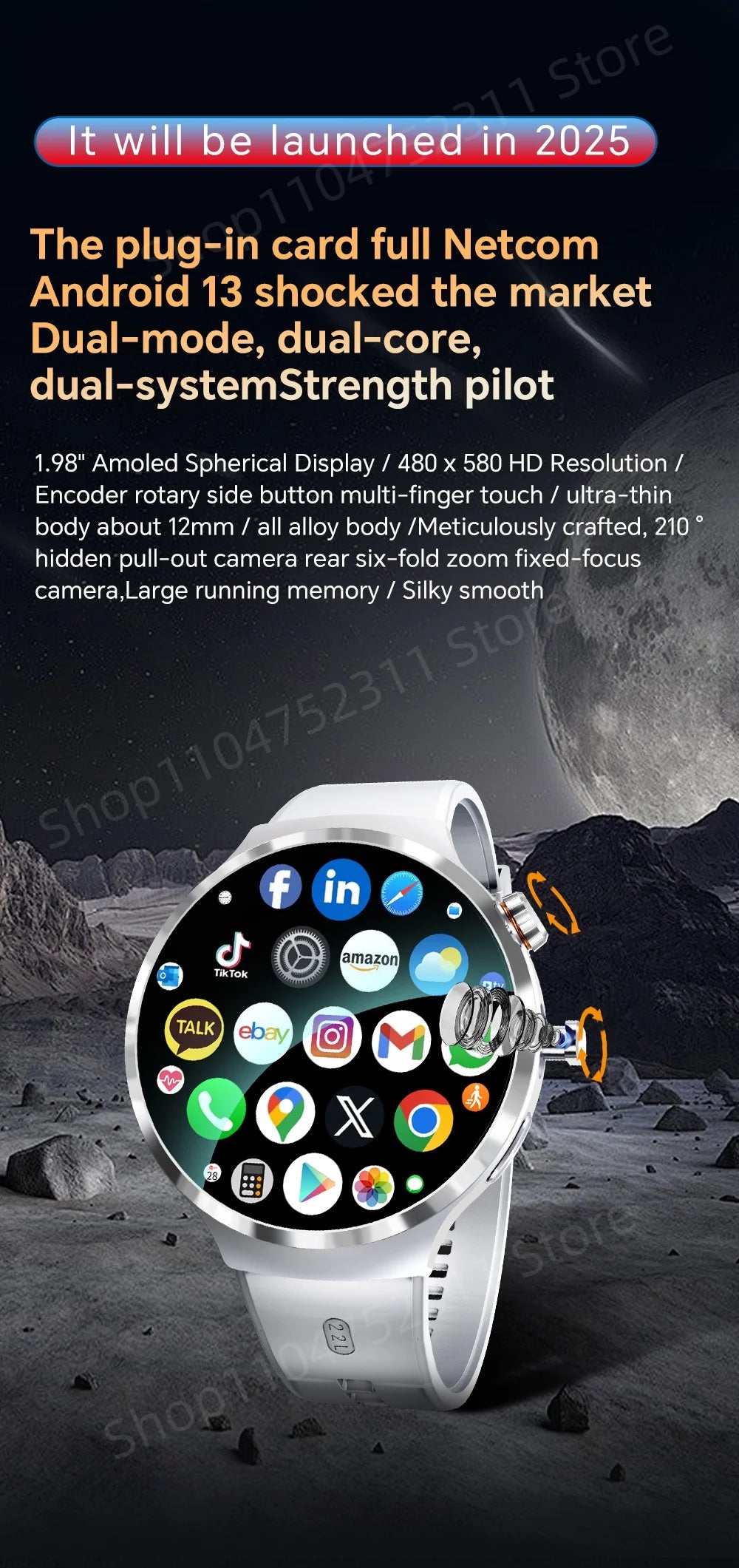 4G 5G Cellular Version Android 13.0 Smartwatch GPS Wifi Smart Watch With 190° Rotary Camera Dual System WIFI Google Play Store