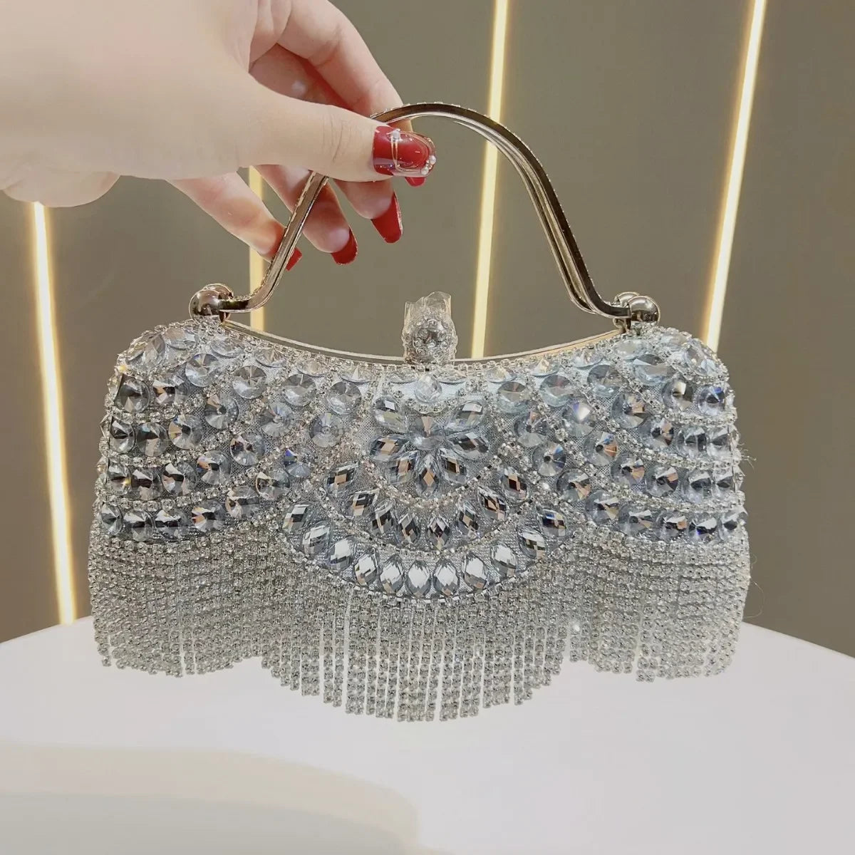Elegant Rhinestone Clutch Evening Bag Women Party Clutch Purse Fringe for Birthday Wedding Banquet Occasions Handbag Wedding