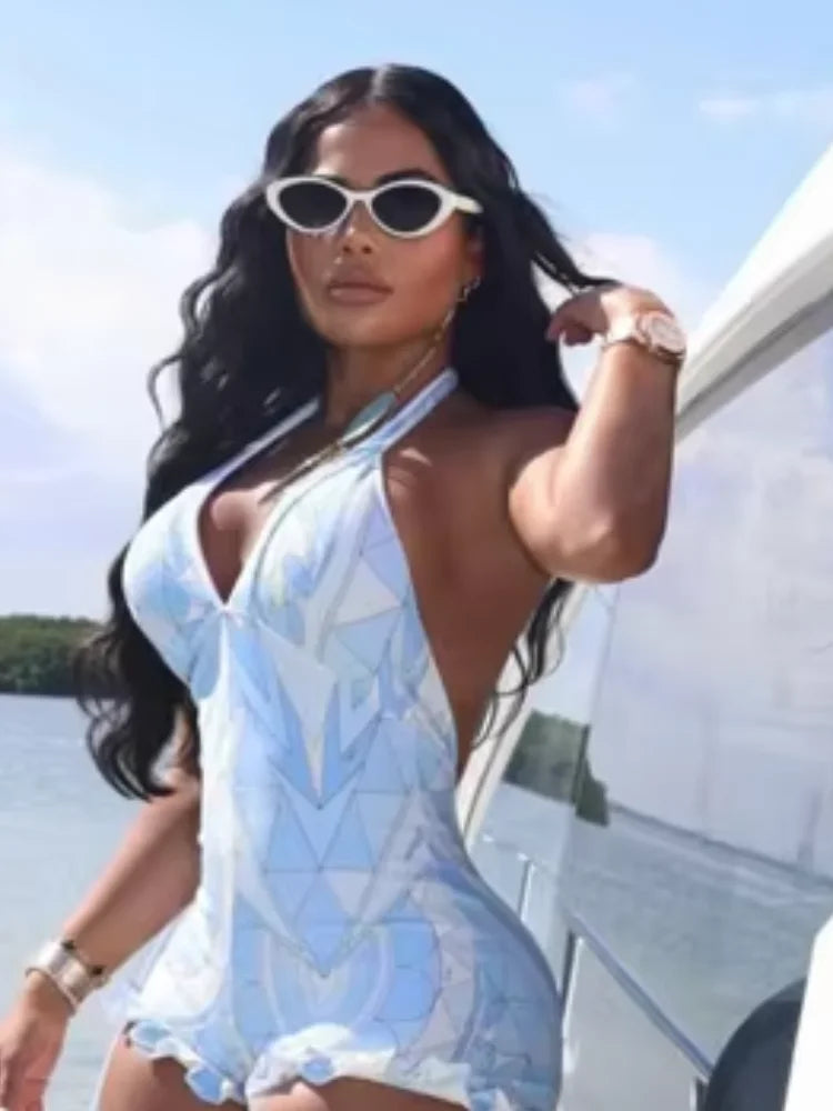 Sexy Blue Geometric Print Halter Romper Women Deep V Neck Ruffle Hem Sets 2026 Lady New Summer Beach Party Fashion Jumpsuits