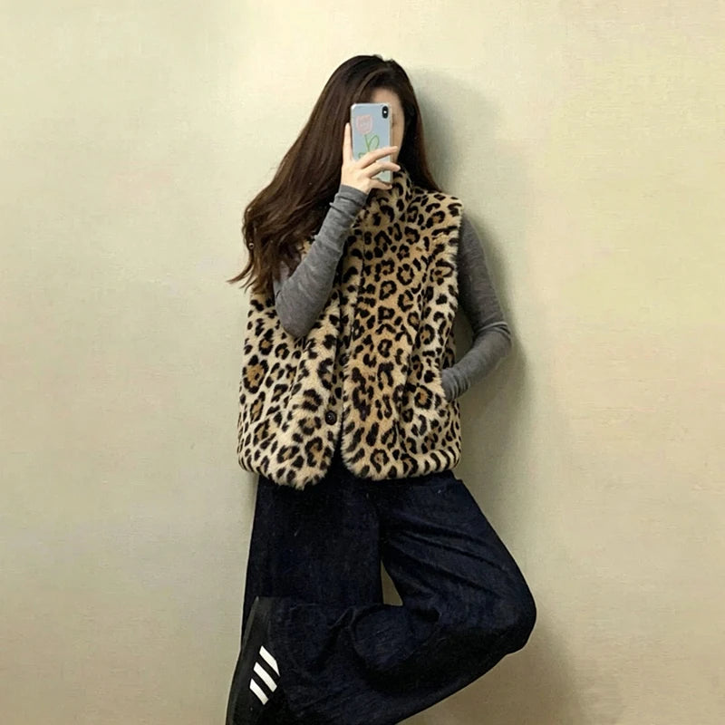 Faux Fur Y2K Leopard Vest Women Loose Vintage Winter Warm O Neck Streetwear Vests Casual Harajuku American Retro Lady Vest Coat