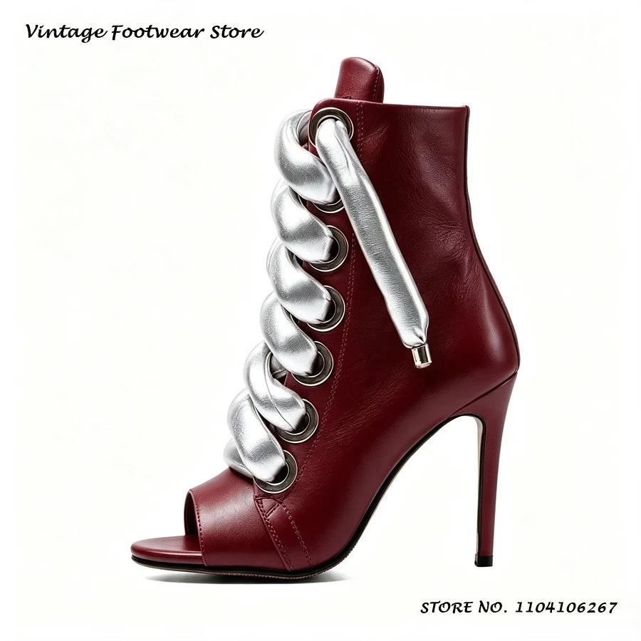 Bold Shoelace Stiletto Ankle Boots Round Open Toe Thin Heels Casual Shoes Women's Spring Autumn Fashion Street Style Booties