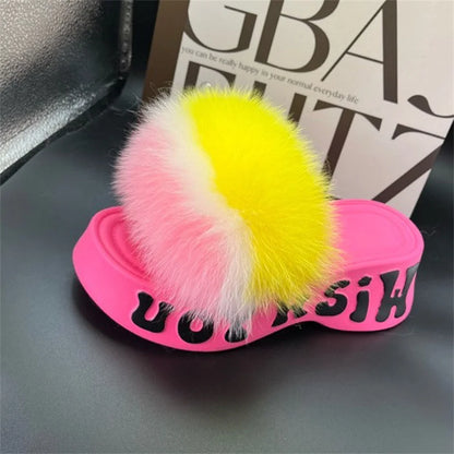 Real Fox Fur Slippers for Woman Luxury 2025 Slippers Summer Woman Sandals Thick Sole Pink Fur Slippers Fluffy Slides for Woman