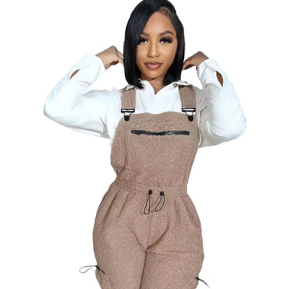 Lace Up Jumpsuit Women One Piece Jumpsuits Fur Rompers High Waist Spring Autumn Pants Mom Overalls Playsuits Elegant Pink