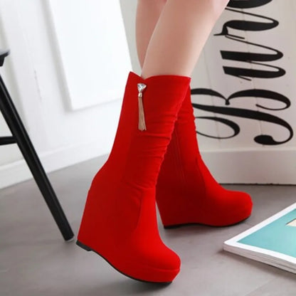 2026 Fashion Women Mid Calf Boots Round Toe Wedges 11cm Platform 3cm Decoration 42 43 Sexy Female Bota