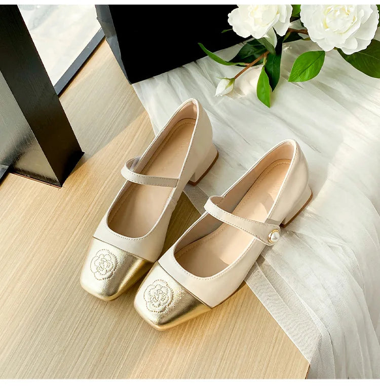 Fashion Mary Jane Women's Shoes 3cm Wide Heel Pumps Embroidered Flowers Pearl Buckle Strap Mary Jane Shoes Luxury Leather Heels