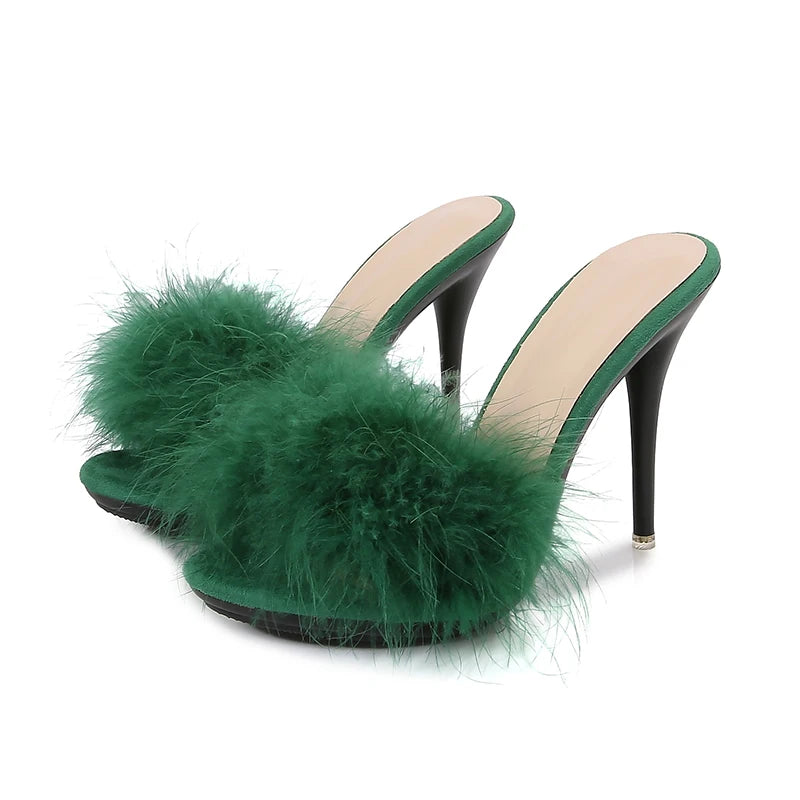 10CM Thin High Heel Summer Furry Slippers For Ladies Mules Fashion Fluffy Fur Slides Sandals 2025 New Brand Women's Party Shoes