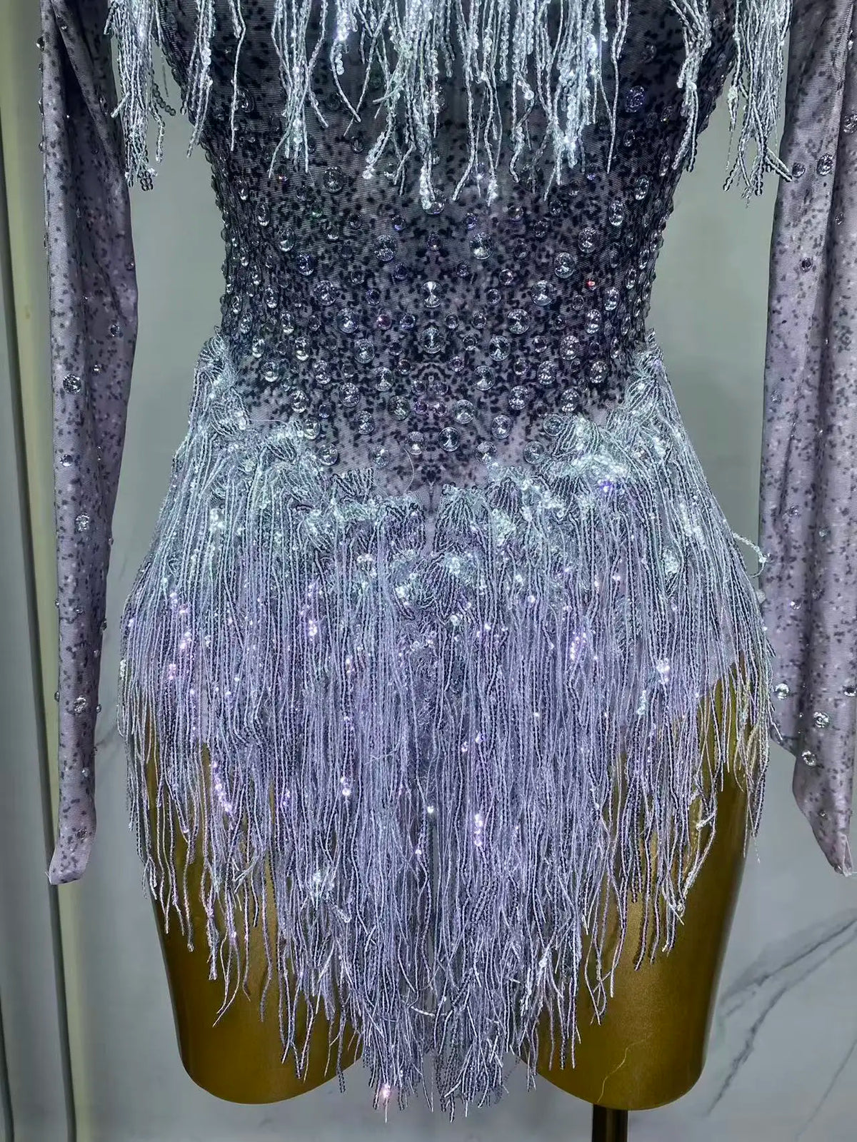 Sparkly Rhinestones Sequins Tassels Bodysuit for Women Sexy Performance Dance Costume Singer Dancer Leotard Show Stage Wear