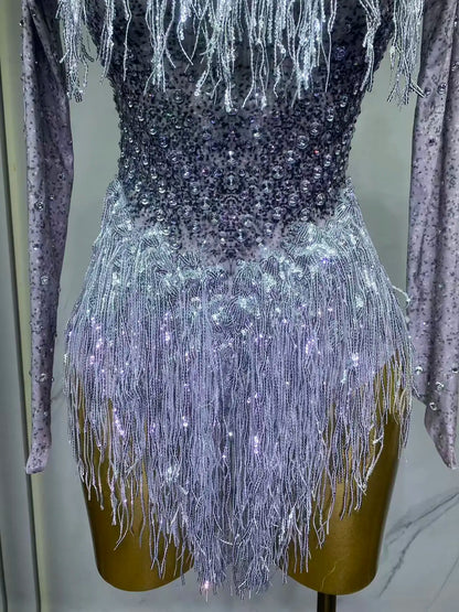 Sparkly Rhinestones Sequins Tassels Bodysuit for Women Sexy Performance Dance Costume Singer Dancer Leotard Show Stage Wear