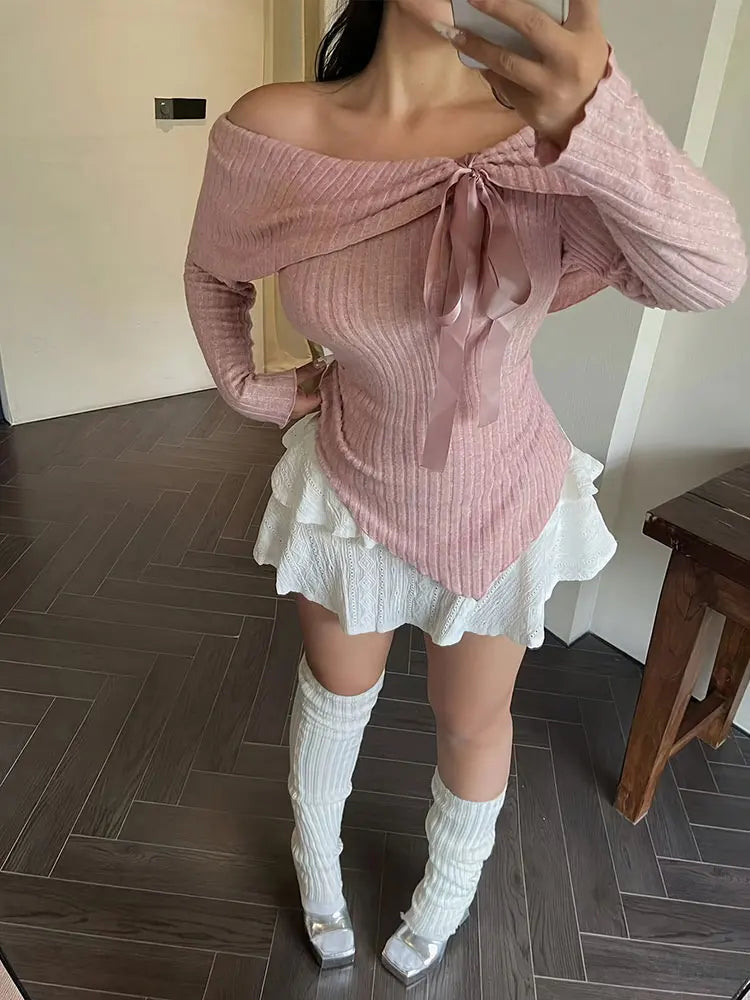 New Sexy Off-The-Shoulder Front Tie-Up Sweater Plus Size One-Shoulder Slim Fit Top Fashion AllMatch Autumn Women's Clothing Sale