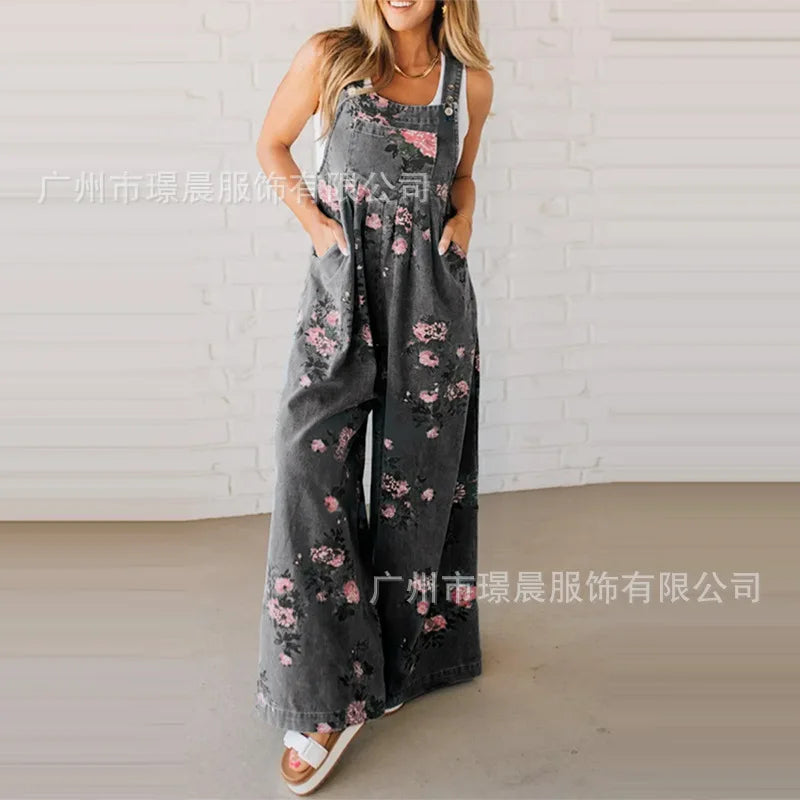 New Summer Women's Fashion Printed Wide-leg Strap Jumpsuit For Women Elegant Loose Party Holiday Casual Jumpsuits Rompers