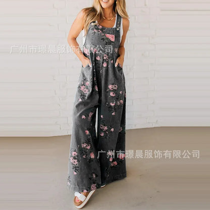 New Summer Women's Fashion Printed Wide-leg Strap Jumpsuit For Women Elegant Loose Party Holiday Casual Jumpsuits Rompers