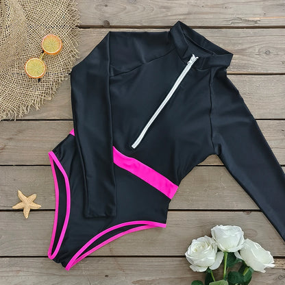 2026 Surfing Sport Swimsuit Long Sleeves Women One Piece Swimsuit  Swimwear Solid Monokini Bathing Suit Tropical Bodysuit Female