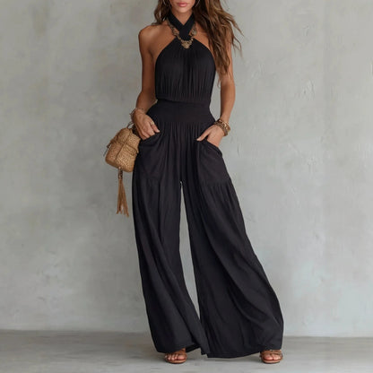 Retro Solid Women's Loose Wide Leg Jumpsuit Fashion Neck Hanging Design Sexy Backless Romper With Pocket Ladies Office Jumpsuits