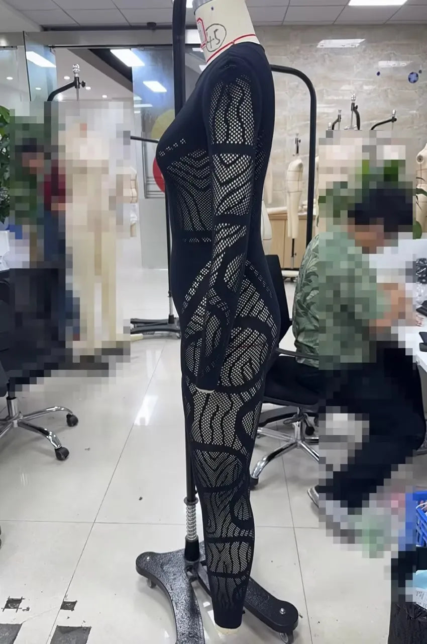 Sheer Mesh Cutout Jumpsuit, Black Long-Sleeve Bodycon Catsuit with Chest Cutouts, Night Out & Festival Wear