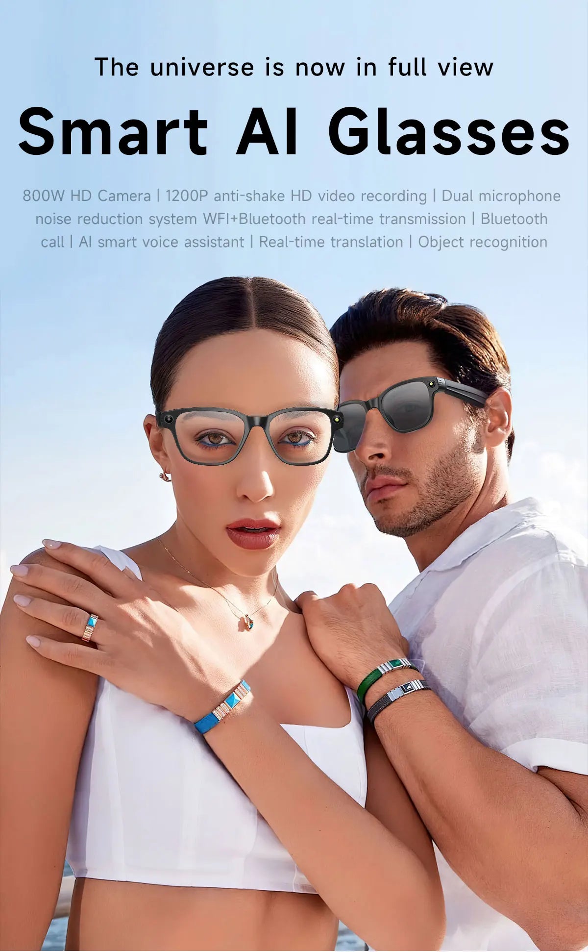 Smart Glasses With 8M HD camera 1200P anti-shake HD video AI intelligent voice assistant Real-time translation Object recognion