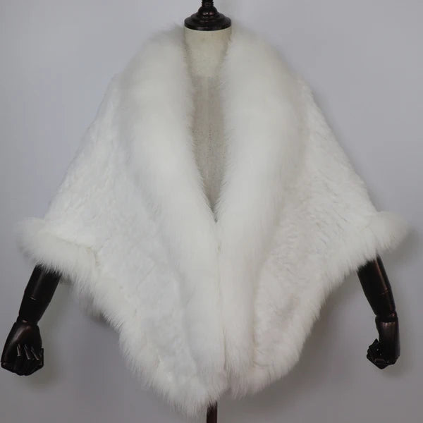 Women 100% Real Rabbit Fur Shawl Scarf With Fox Fur Collar Winter Warm Knitted Rabbit Fur Poncho Girls Party Fashion Accessories