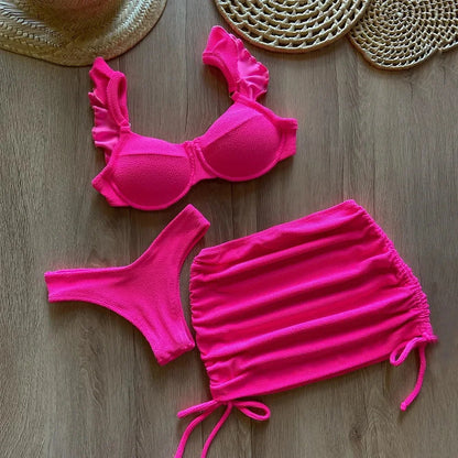 Solid Wavy Fabric Low Waist Bikini Set Cover Up Swimsuit For Women Push Up Ruffle Three Pieces Swimwear 2026 Beach Bathing Suits