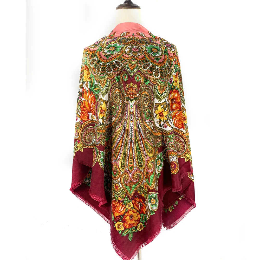 Russian Women Big Size Square Scarf Luxury Floral Print Bandana Wraps Female Retro Short Tassel National Shawl