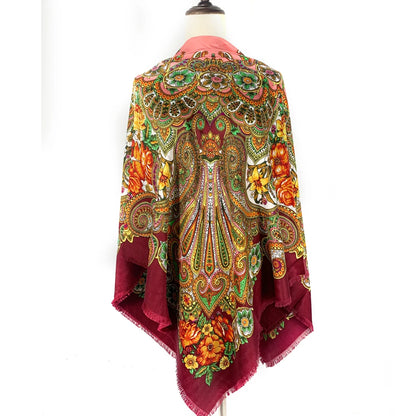 Russian Women Big Size Square Scarf Luxury Floral Print Bandana Wraps Female Retro Short Tassel National Shawl