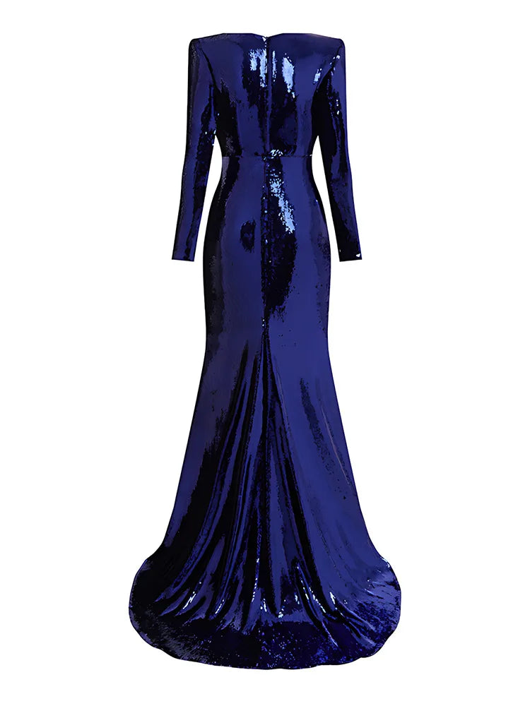 Eshin Women's Blue Sequin Long Sleeve Maxi Dress Elegant Formal Gown Floor Length Sparkly Evening Party Chic Style SA457