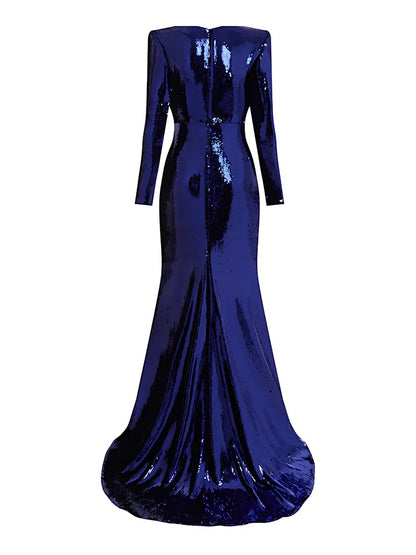 Eshin Women's Blue Sequin Long Sleeve Maxi Dress Elegant Formal Gown Floor Length Sparkly Evening Party Chic Style SA457