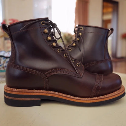 Goodyear-welding Workwear Men's Boots Leather Round Toe Mid-top Biker Shoes