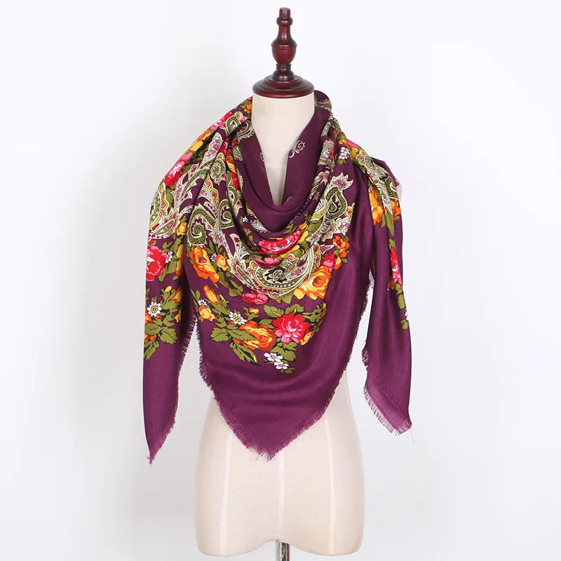 Russian Women Big Size Square Scarf Luxury Floral Print Bandana Wraps Female Retro Short Tassel National Shawl