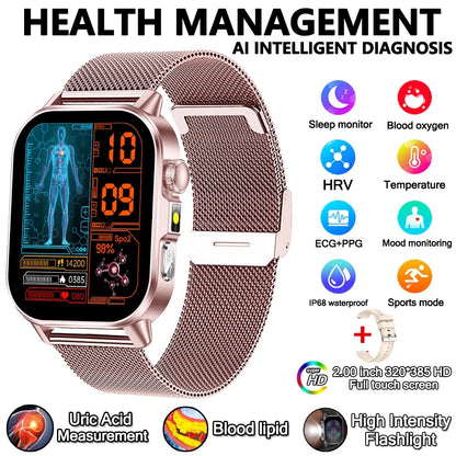 2026 New Professional-Grade Health Smart Watch Men ECG BP HR Uric Acid Lipid BMI Body Analysis Bluetooth Call Smartwatch Women