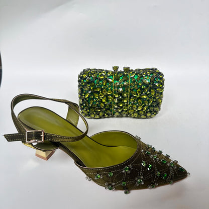 Insightlink Luxury Olive Green Rhinestone High Heel Shoes & Matching Clutch Bag Set – Elegant Pointed Toe Block Heel Sandals