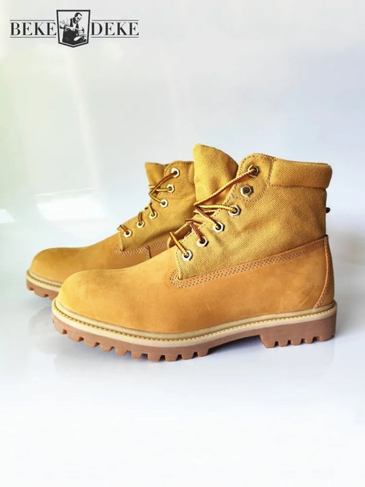 Vintage Handmade Mens Comfortable Winter Cowhide Genuine Leather Spliced Canvas Work Shoes Lace Up Ankle Boots Outdoors Designer