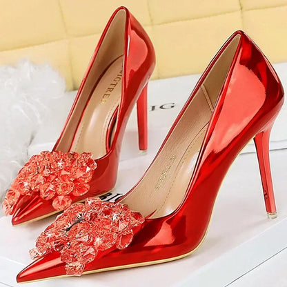 Women 10.5cm High Heels Glossy Leather Drag Queen Banquet Dress Pumps Lady Luxury Crystal Bow Stiletto Blue Green Red Prom Shoes