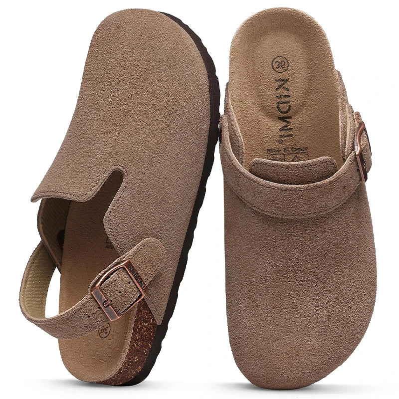 Kidmi Genuine Leather Clogs Cork Footbed Indoor and Outdoor Slippers Cow Suede Mules With Adjustable Strap