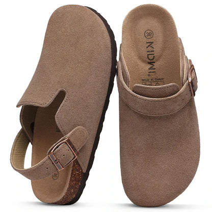 Kidmi Genuine Leather Clogs Cork Footbed Indoor and Outdoor Slippers Cow Suede Mules With Adjustable Strap