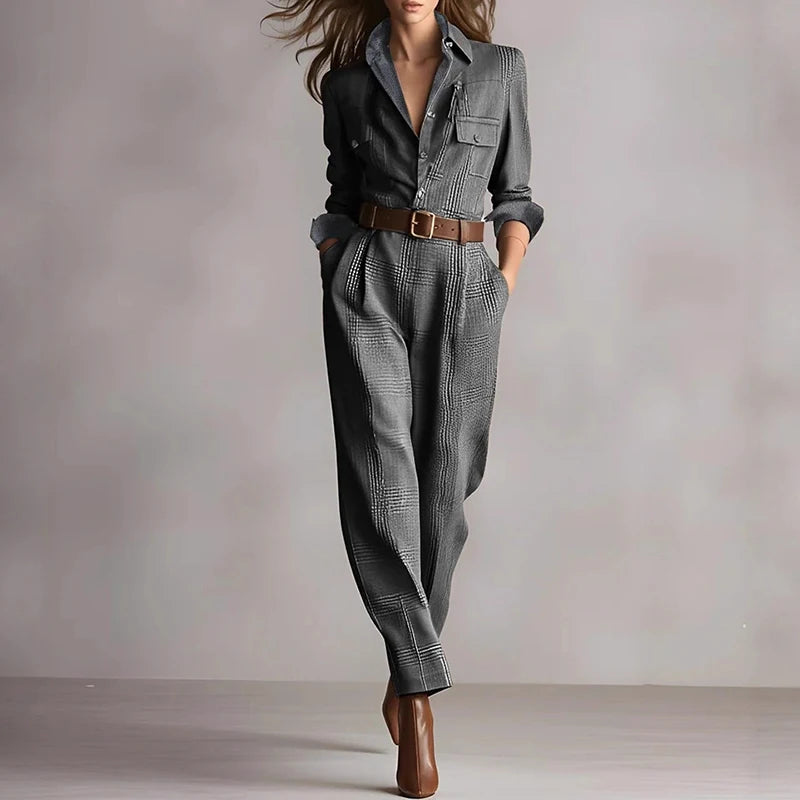 Vintage Plaid Print High Waist Jumpsuits Woman Elegant Shirt Collar Button Slim Bodysuit Fall Long Sleeve Pocket Romper Overalls
