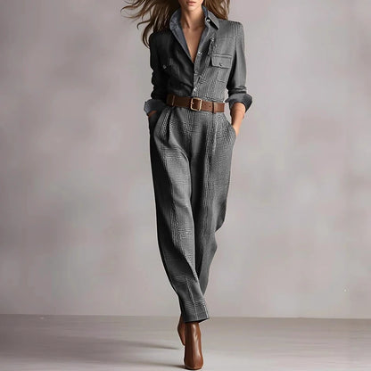 Vintage Plaid Print High Waist Jumpsuits Woman Elegant Shirt Collar Button Slim Bodysuit Fall Long Sleeve Pocket Romper Overalls