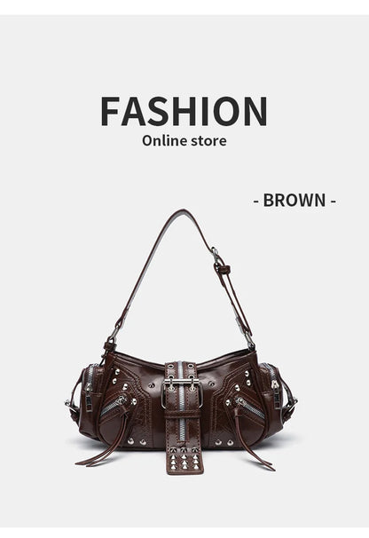 Women's Y2k Punk Vintage Shoulder Purse PU Leather Gothic Rivet Handbag Waist Bag Luxury Black Cross Body Bags with Spikes