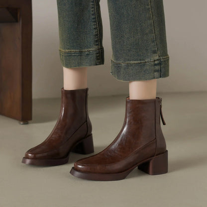 Plus Size 34-43 Cow Skin Round Toe Zipper High Heels Modern Motorcycles Boots Warm Winter Shoes Dating Retro Brand Ankle Boots