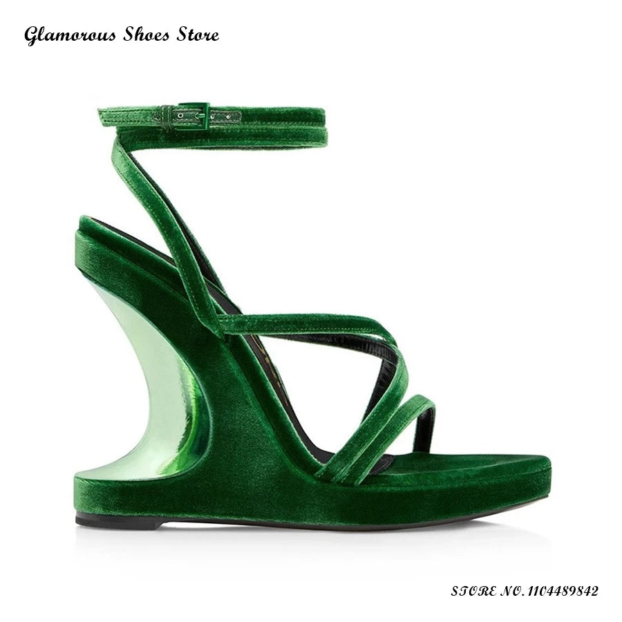Strappy Velvet Wedges Sandals Women's Round Open Toe Wedges Party Evening Shoes Summer Fashion Buckle Strap Plus Size High Heels