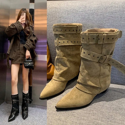 2025 Pointed Toe Women's Winter Boots Designer Mid Heels Elegant Shoes Pumps Fashion Boots New Trend Dress Gothic Ladies Boots