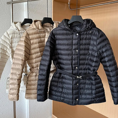 2025 Autumn Winter Luxury Lightweight Short Slim 90% White Duck Down Jacket Women Hooded Detachable Sash Warm Down Coat Fashion