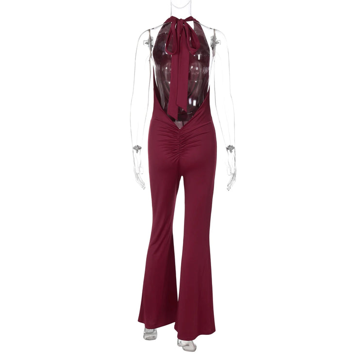 Dulzura Summer Solid Sexy Halter Swinging Collar Backless Slim Lace Up Flared Jumpsuit Women'S Fashion Elegant Party Club Romper