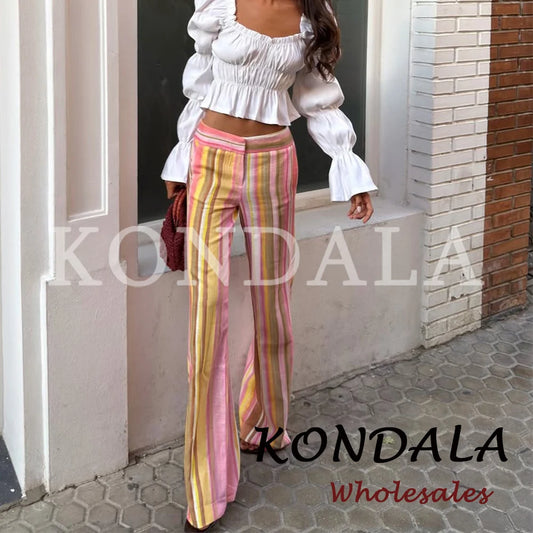 KONDALA Chic Striped Y2K Fashion 2026 Summer Long Pants Zipper Wide Leg Pockets Trousers Straight Female Casual Elegant Pants