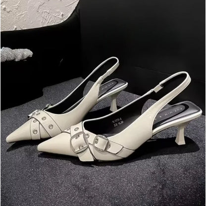 Luxury Brand Designer Women Sandals Fashion Pointed Toe Buckle Strap Metal High Heeled Kitten Heel Elegant Single Shoes Female