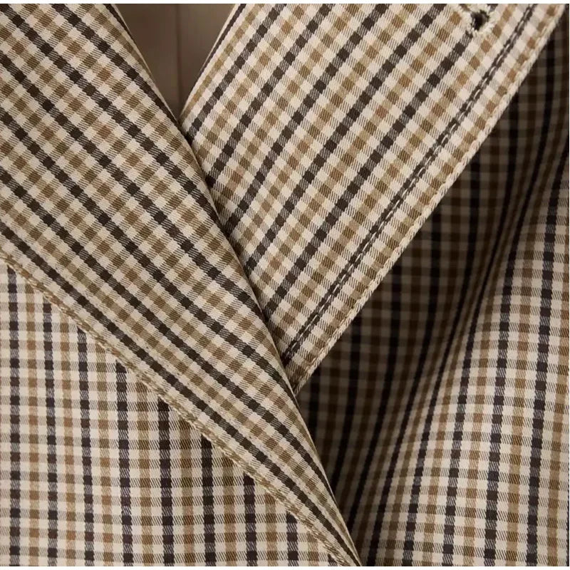 Plaid Cropped Trench Coat Lapel Collar Double Breasted Belted Waist Long Sleeve Women All-match Coats 2026 Autumn Commute Outfit