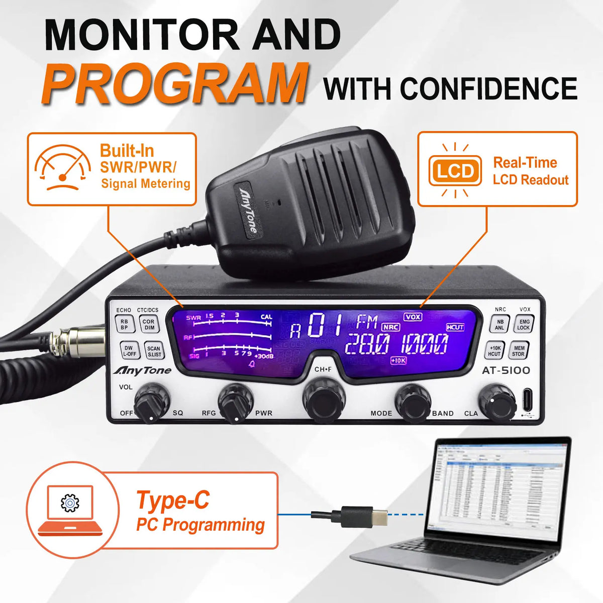 Anytone Walkie Talkie AT-5100 10m Amateur Mobile Radio SSB AM FM USB LSB CW PA 35W PEP NRC Noise Reduction HF CB Transceiver